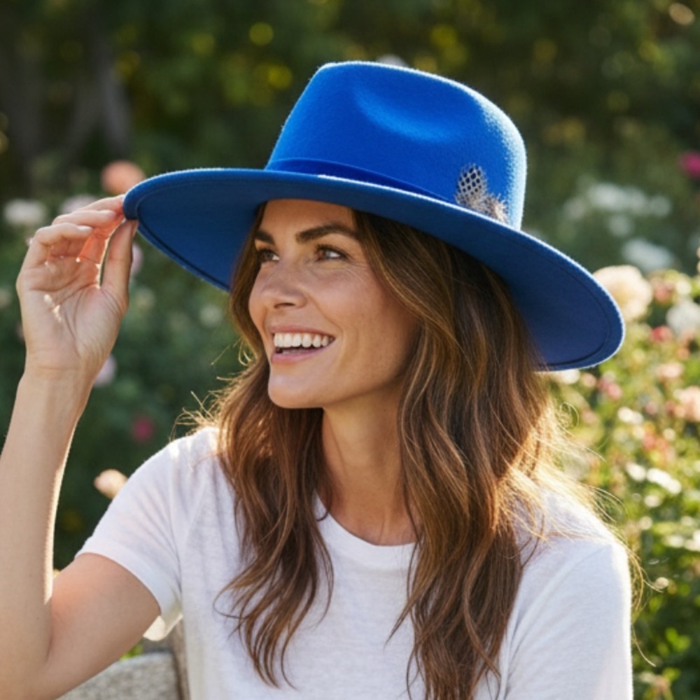 ASHAKA GIVENS Blue Wool Feather Large Brim Fedora Hat